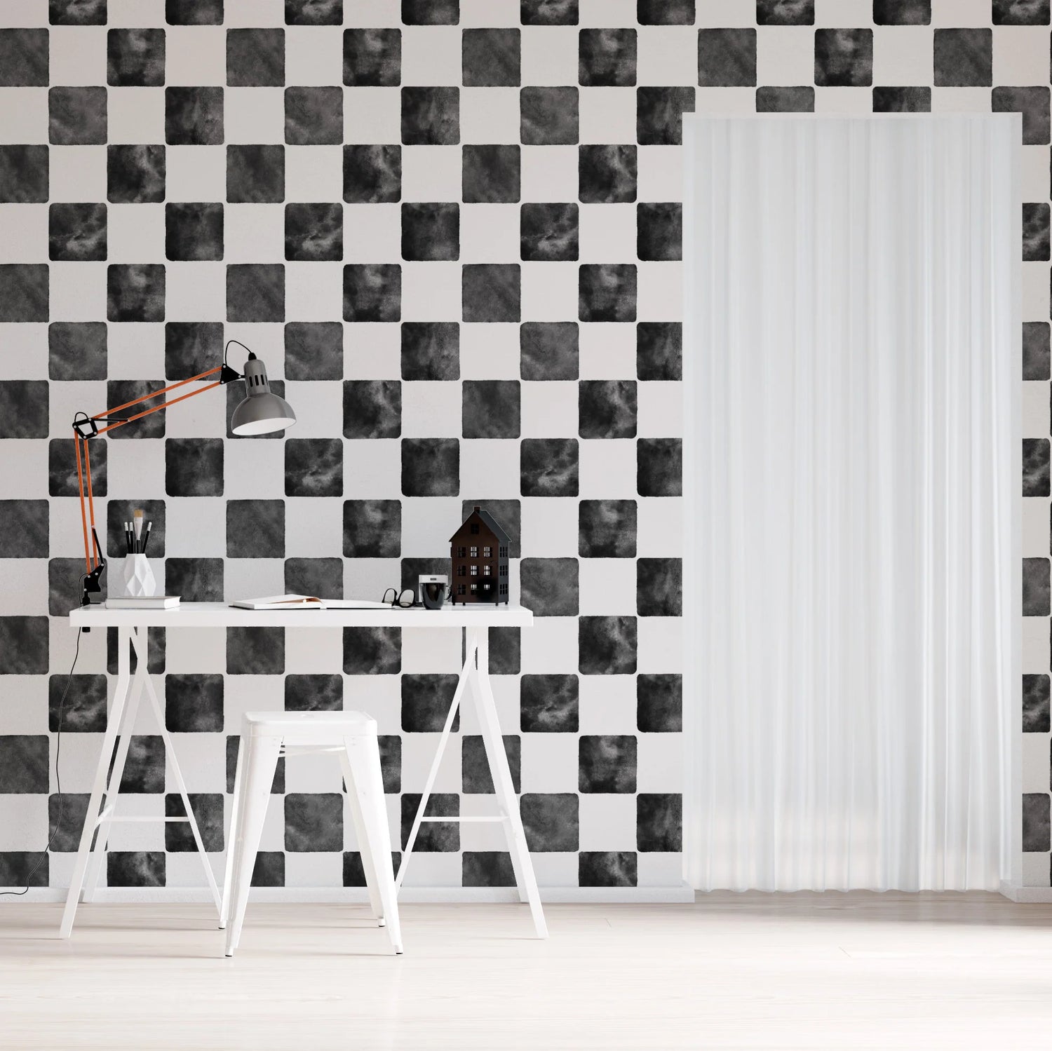 Children's Bedroom Wallpaper with Repeating Pattern - Checkered Billys | Noir