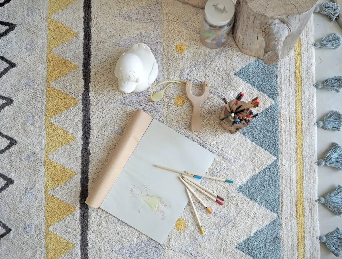 LORENA CANALS - Tapis Lavable Azteca Naturel - Vintage Bleu 120 X 160 cm