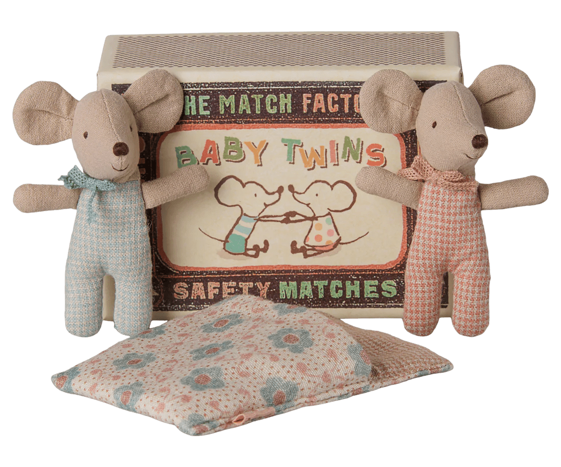 MAILEG-Jumeaux, Bébés Souris En Boîte D'Allumettes – Motif À Carreaux