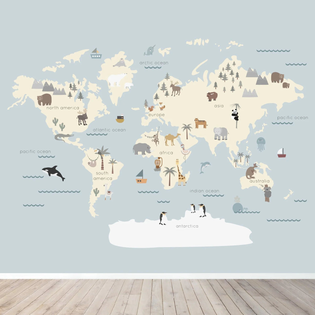 MUNKS & ME - Papier Peint Panoramique Pour Enfants - Carte Du Monde Avec Personnages | Bleu
