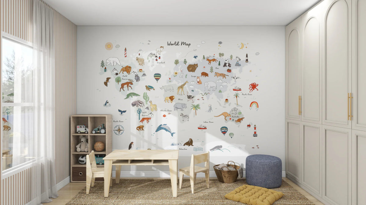 MUNKS & ME - Papier Peint Panoramique Pour Enfants - Carte Du Monde | Gris