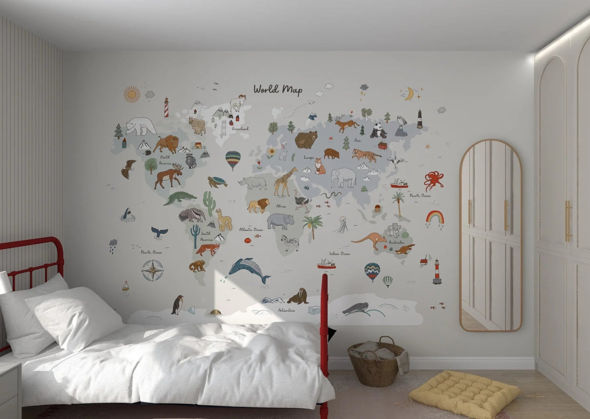 MUNKS & ME - Papier Peint Panoramique Pour Enfants - Carte Du Monde | Gris