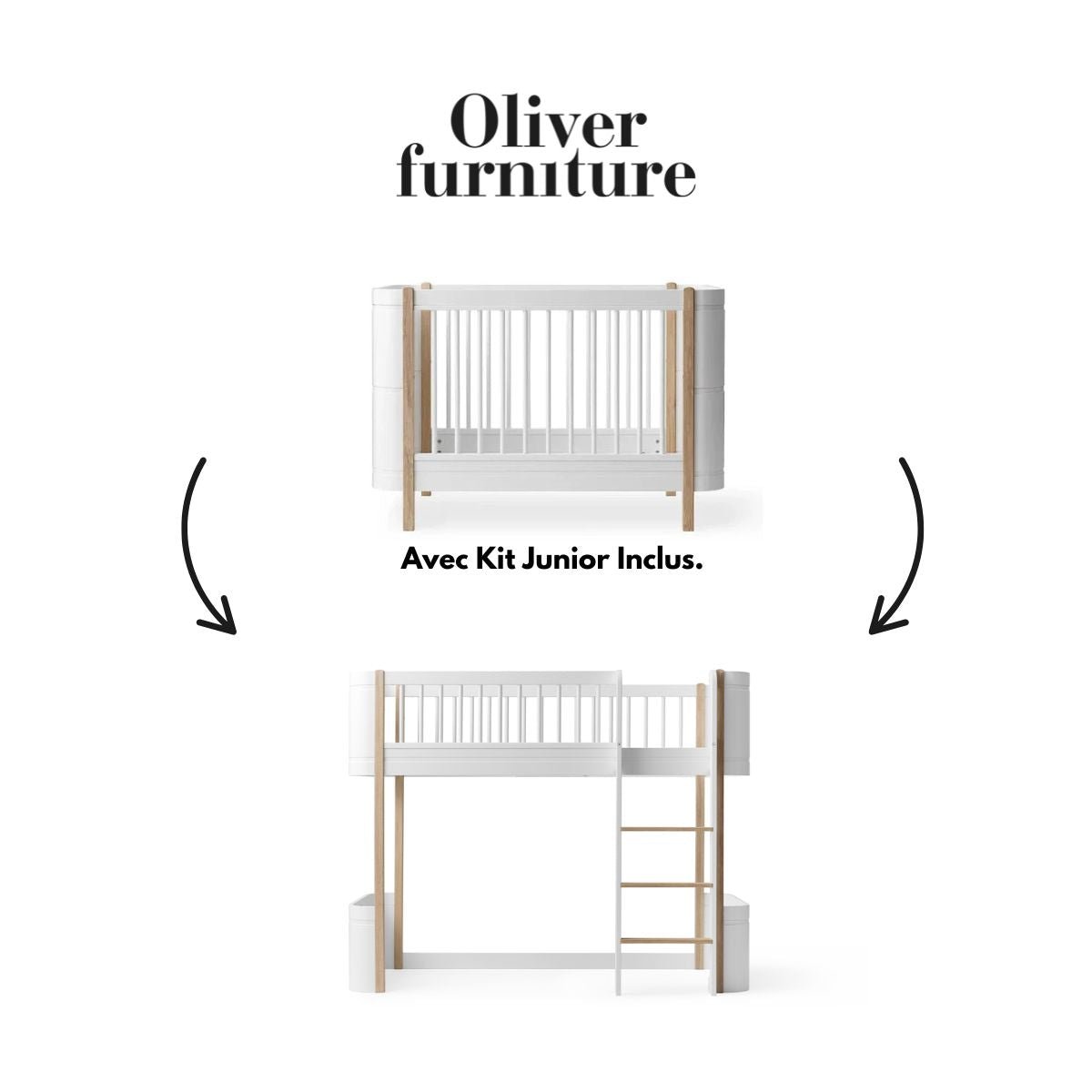 OLIVER FURNITURE - 041453 - Kit De Conversion - Lit Bébé Évolutif Mini+, Avec Kit Junior Inclus - En Lit Mezzanine Mi - haut, Blanc/chêne