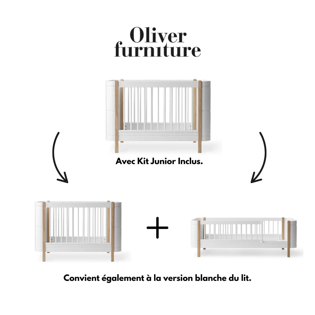 OLIVER FURNITURE - 041457 - Kit De Conversion - Lit Bébé Évolutif Mini+, Kit Famille (complément Au Lit Bébé Évolutif Mini+, Avec Kit Junior Inclus, Blanc/chêne Et Blanc)