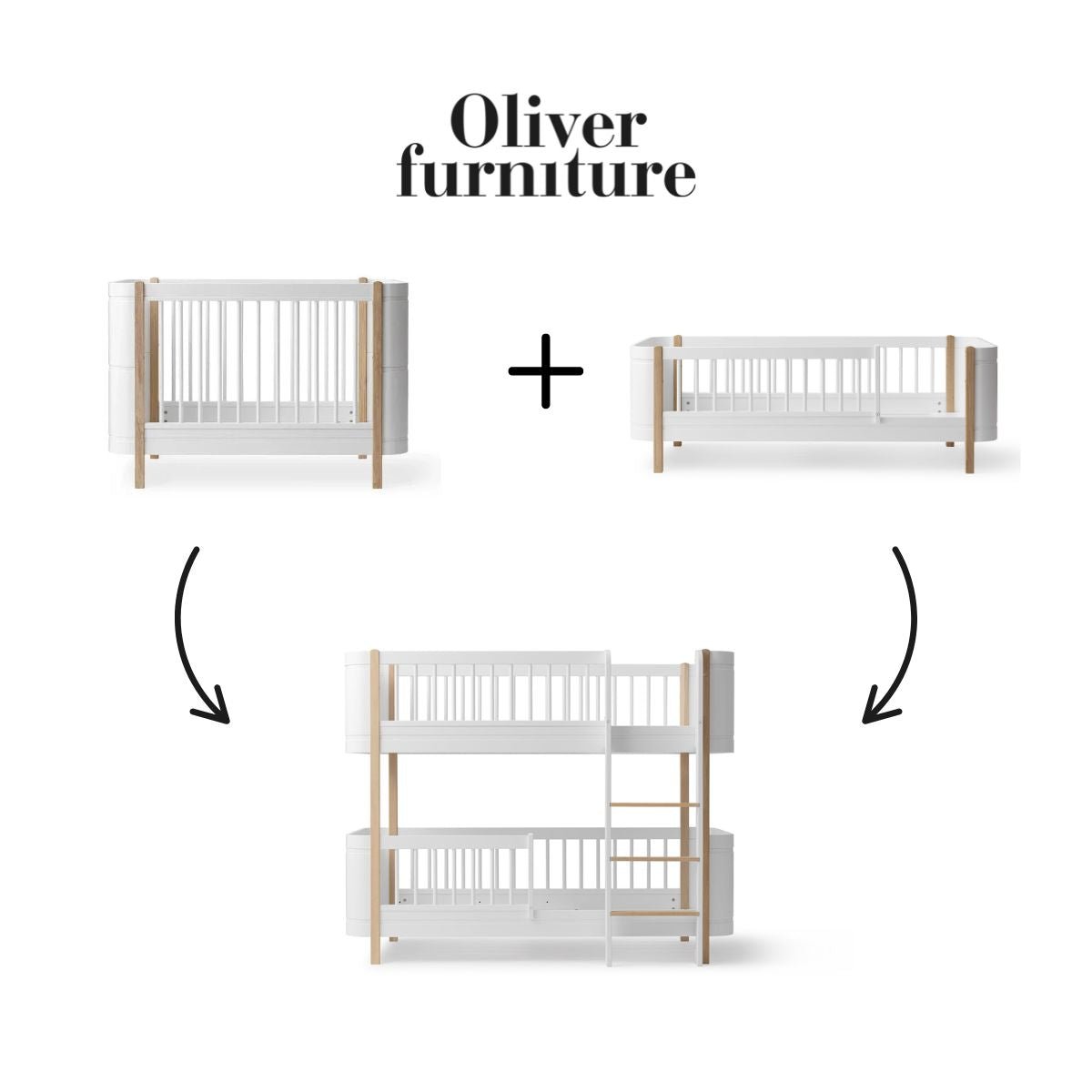 OLIVER FURNITURE - 041459 - Kit De Conversion - Lit Bébé Évolutif Mini+ & Lit Junior - En Lit Superposé Mi - haut, Bl./chêne