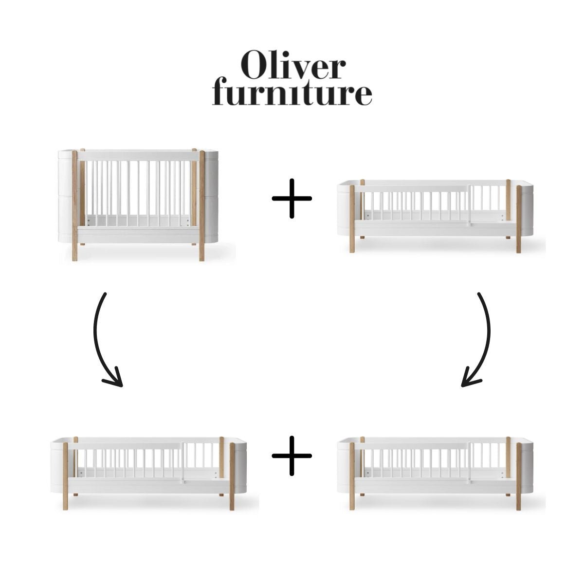 OLIVER FURNITURE - 041463 - Kit De Conversion - Lit Bébé Évolutif Mini+ & Lit Junior - En 2 Lits Juniors, Blanc/chêne