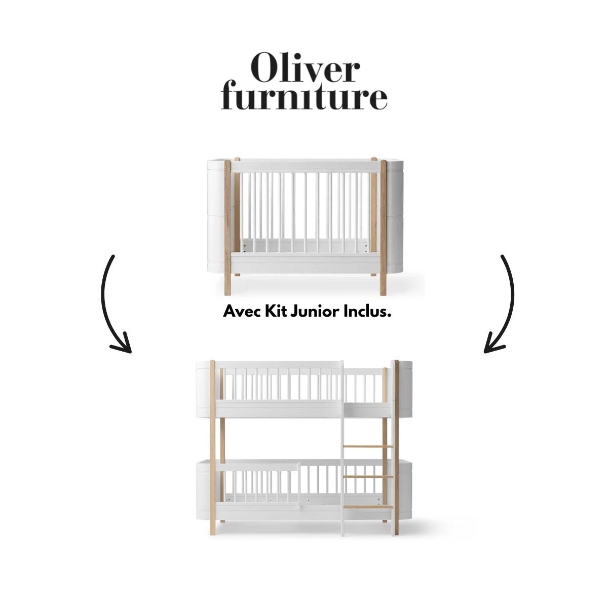 OLIVER FURNITURE - 041481 - Kit De Conversion - Lit Bébé Évolutif Mini+, Avec Kit Junior Inclus - En Lit Superposé Mi - haut, Blanc/chêne