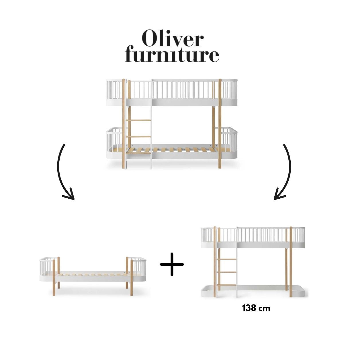OLIVER FURNITURE - 041773 - Kit De Conversion Original, Lit Superposé Mi - haut - En 1 Lit Et 1 Lit Mezzanine Mi - haut 138 Cm, Blanc/chêne
