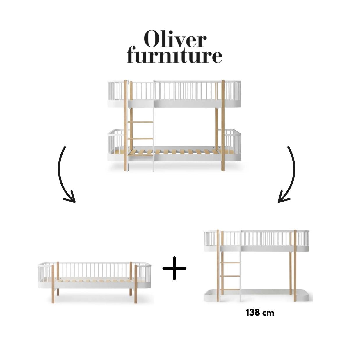 OLIVER FURNITURE - 041775 - Kit De Conversion Original, Lit Superposé Mi - haut - En 1 Lit Banquette Et 1 Lit Mezzanine Mi - haut 138 Cm, Blanc/chêne