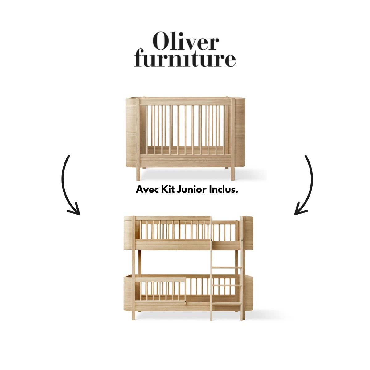 OLIVER FURNITURE - 041782 - Kit De Conversion - Lit Bébé Évolutif Mini+, Avec Kit Junior Inclus - En Lit Superposé Mi - haut, Chêne