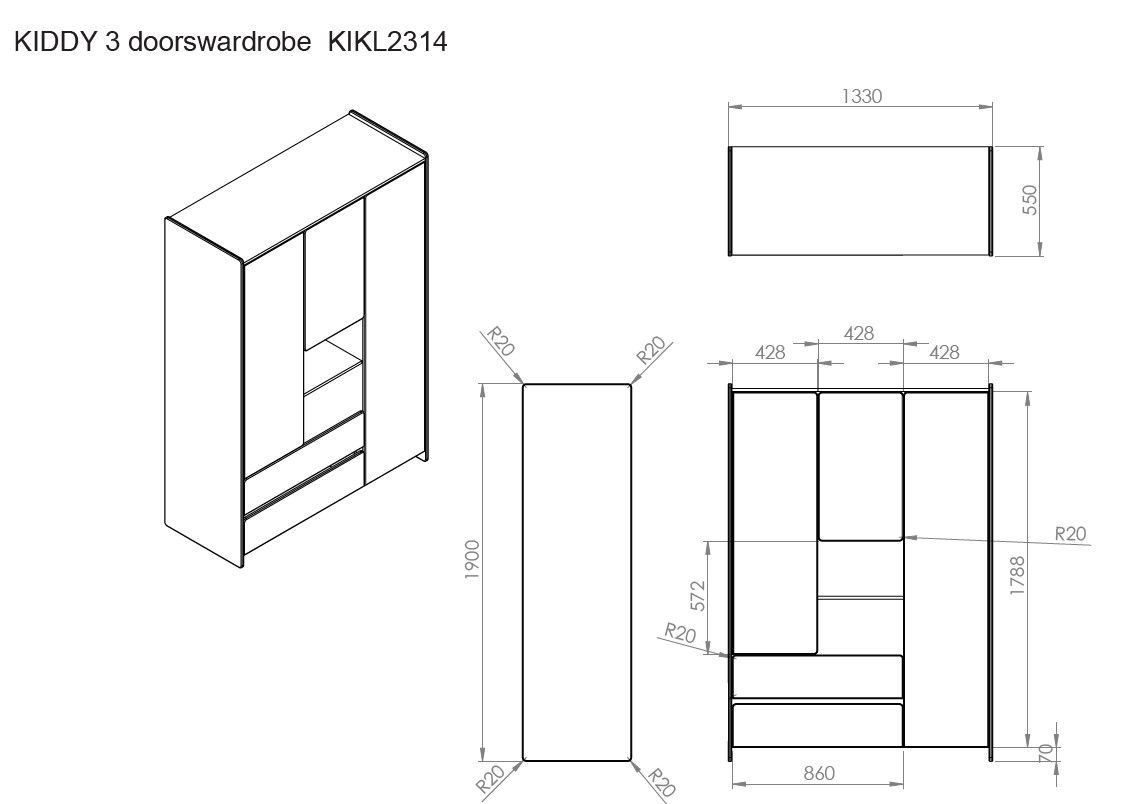 VIPACK - Armoire KIDDY 3 Portes Blanc