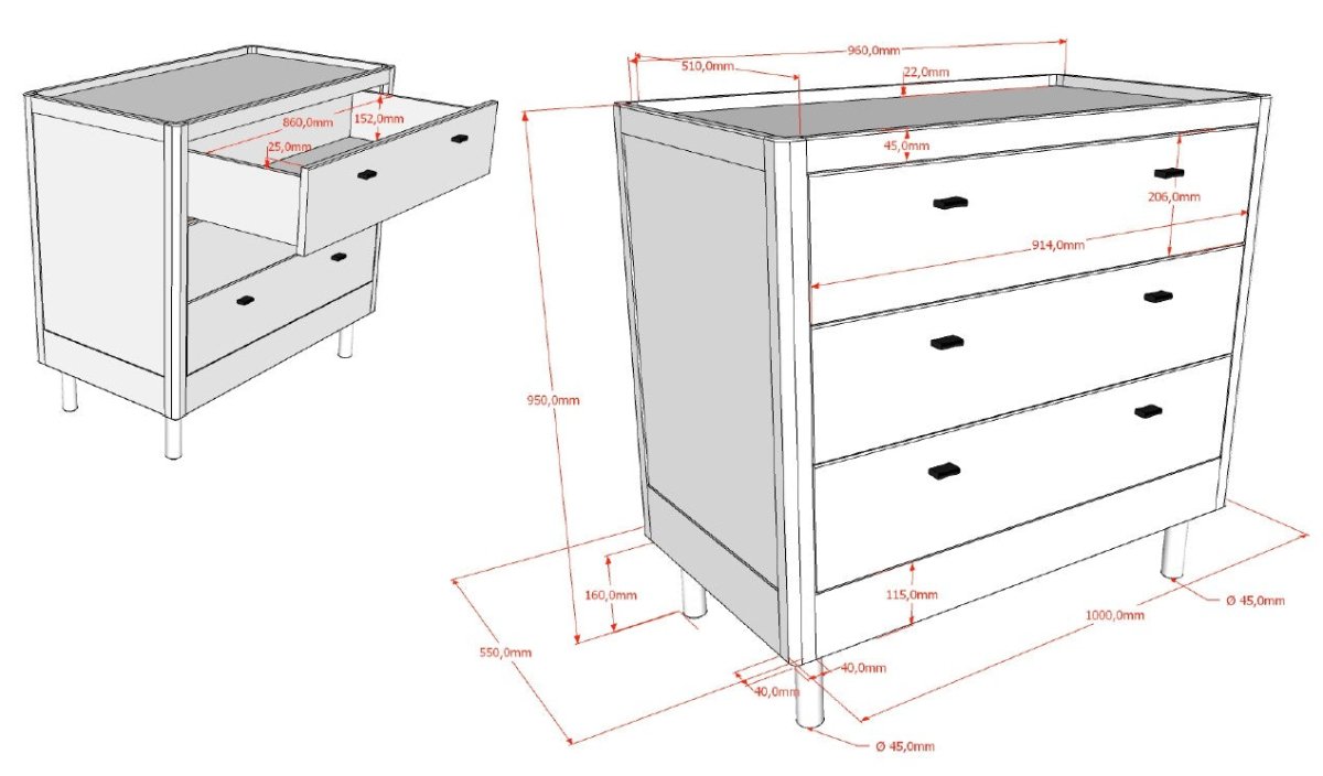 VIPACK-Commode À 3 Tiroirs Forrest – En Hêtre Blanc