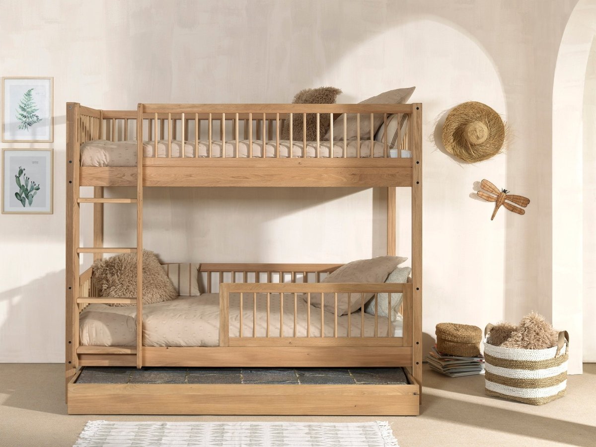VIPACK-Ensemble Lit Superposé + Lit + Barrière De Sécurité + Tiroir De Rangement Forrest – 90 x 200 Cm – En Chêne