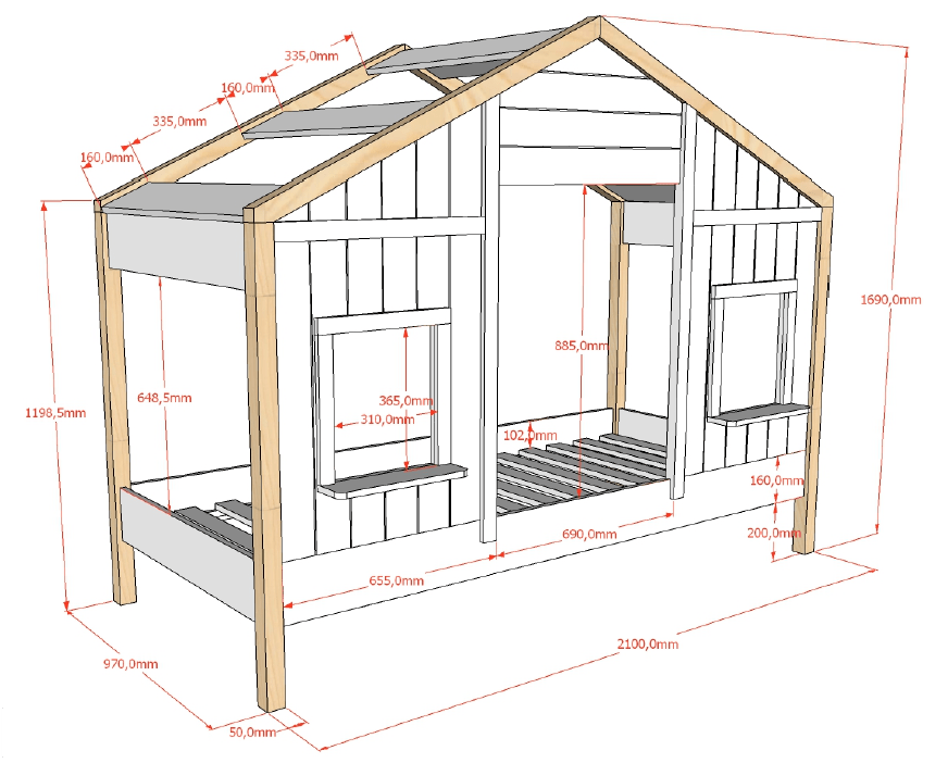 VIPACK - Lit Cabane (90) BABS 90x200 cm - Les Petits