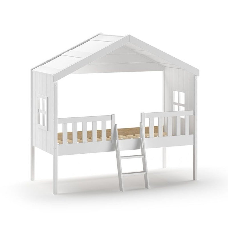 VIPACK - Lit Cabane HOUSEBED Avec Échelle 90x200cm Blanc