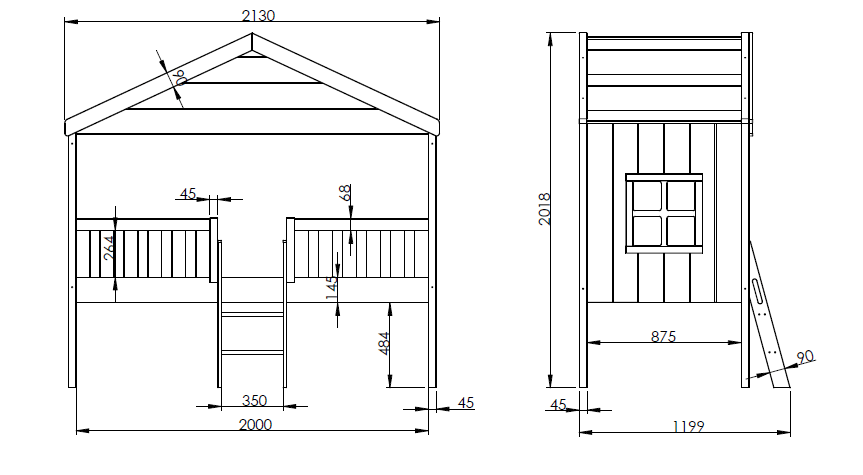VIPACK - Lit Cabane HOUSEBED Avec Échelle 90x200cm Blanc
