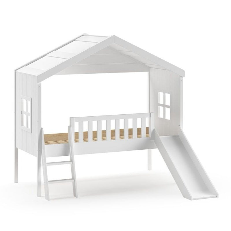 VIPACK - Lit Cabane HOUSEBED Avec Toboggan 90x200cm Blanc