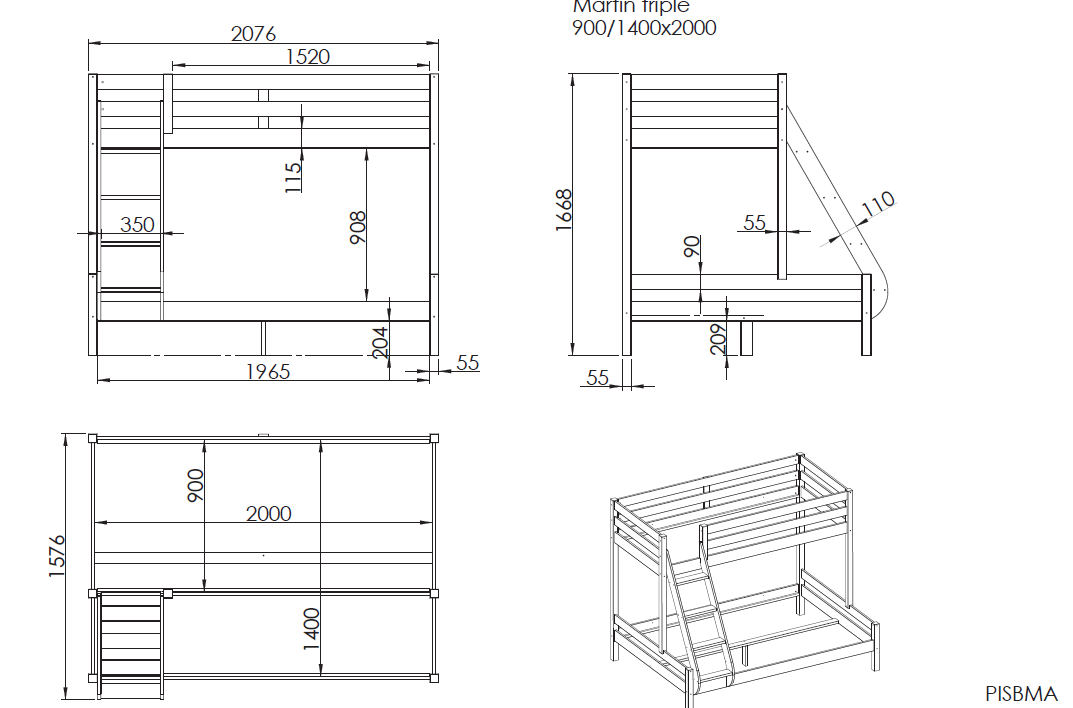 VIPACK - Lit De Famille PINO 140 x 200 cm + 90 x 200 cm Naturel