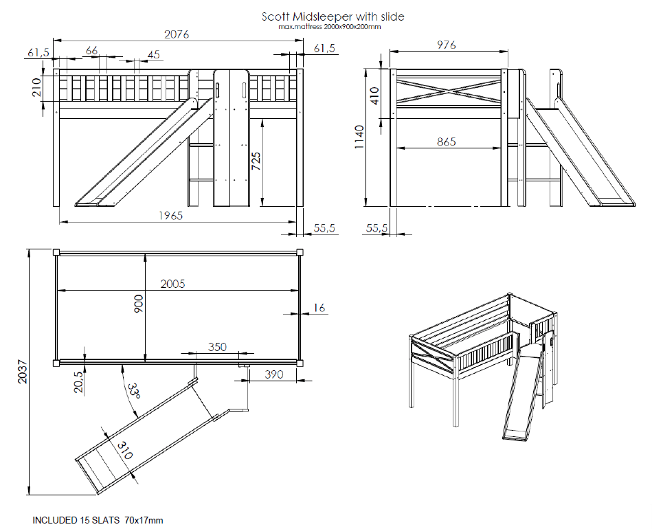VIPACK - Lit Mezzanine Mi - Hauteur (H 115cm) SCOTT Avec Toboggan 90 X 200 cm Blanc