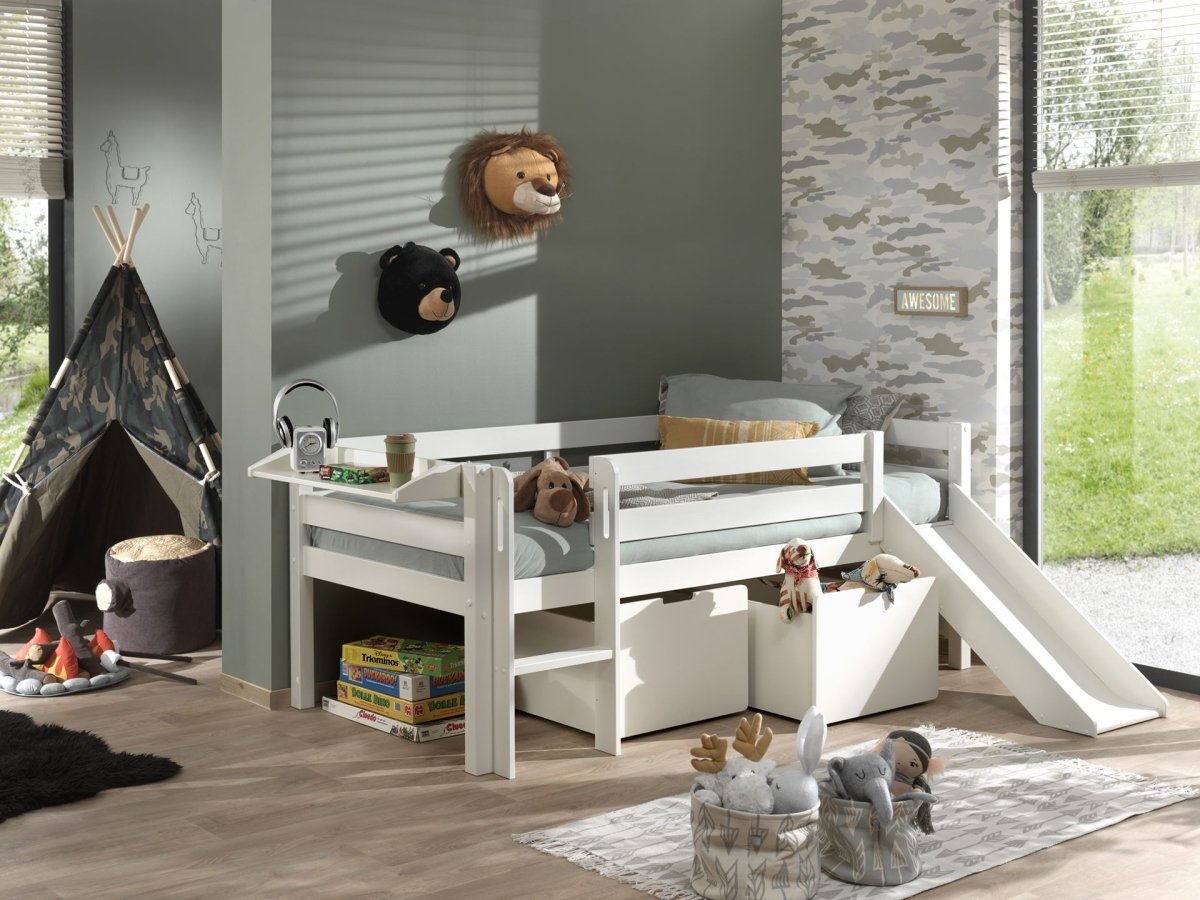 VIPACK - Lit Mezzanine Mi - Hauteur (H 85cm) SCOTT Avec Toboggan 90 X 200 cm Blanc