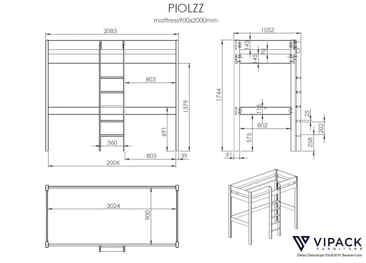 VIPACK - Lit Mezzanine PINO Avec Fauteuil 90 x 200 cm Blanc