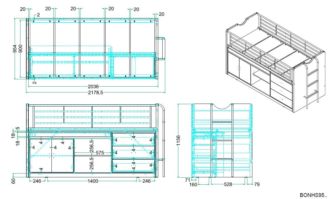 VIPACK - Lit Mi - Hauteur (95) BONNY 90 X 200 Cm Bleu - Les Petits