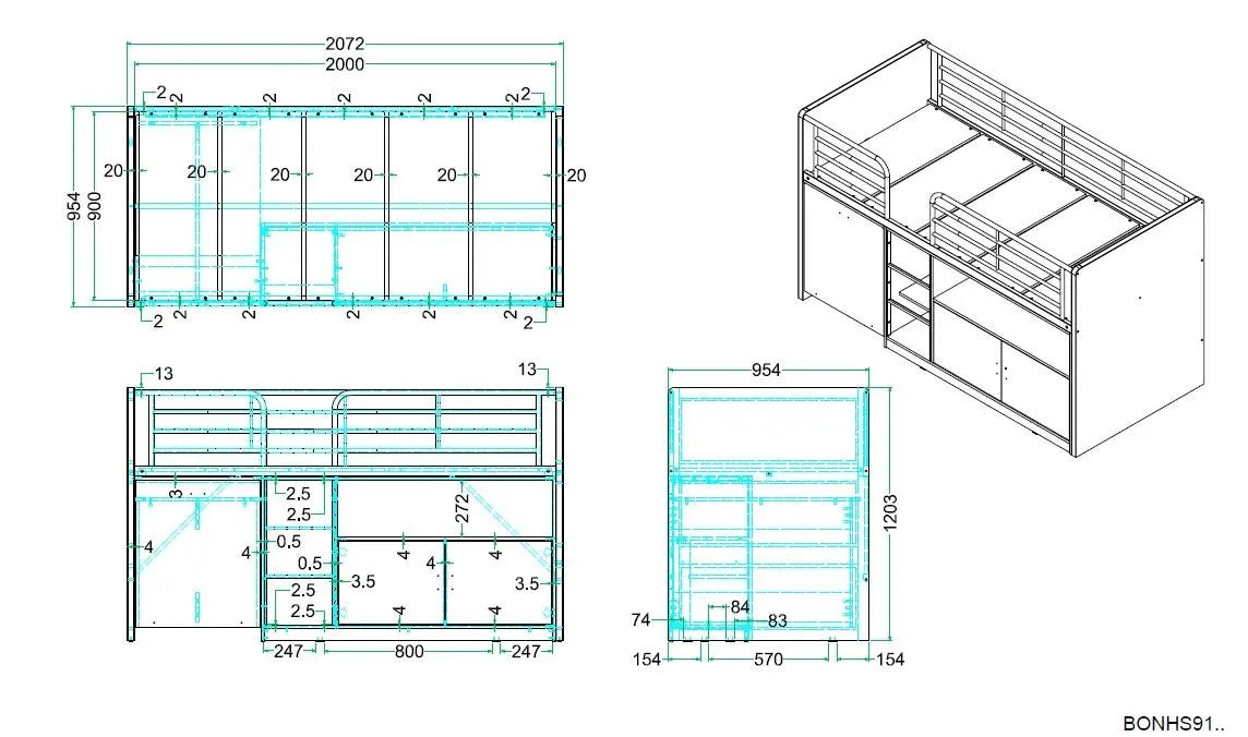 VIPACK - Lit Mi - Hauteur BONNY Avec Bureau & Rangement - Bleu 90 X 200 Cm