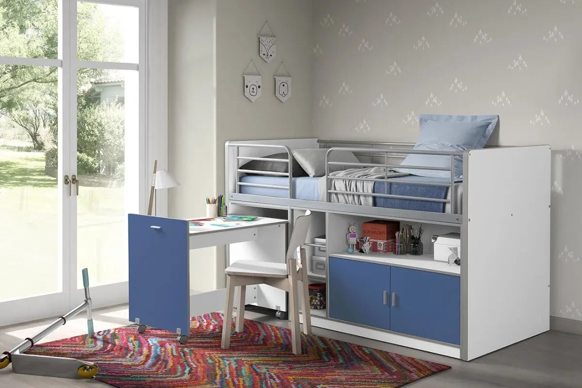 VIPACK - Lit Mi - Hauteur BONNY Avec Bureau & Rangement - Bleu 90 X 200 Cm