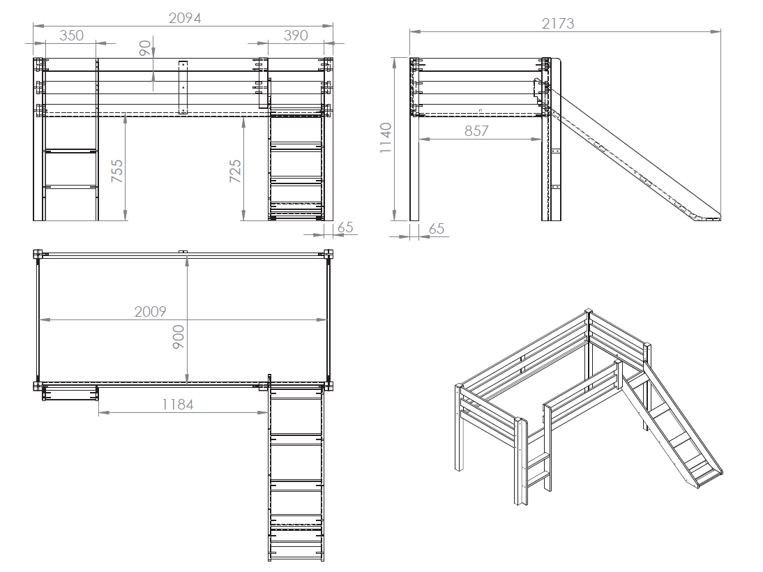 VIPACK - Lit Mi - Hauteur (H 115cm) PINO Avec Toboggan 90 X 200 cm Gris