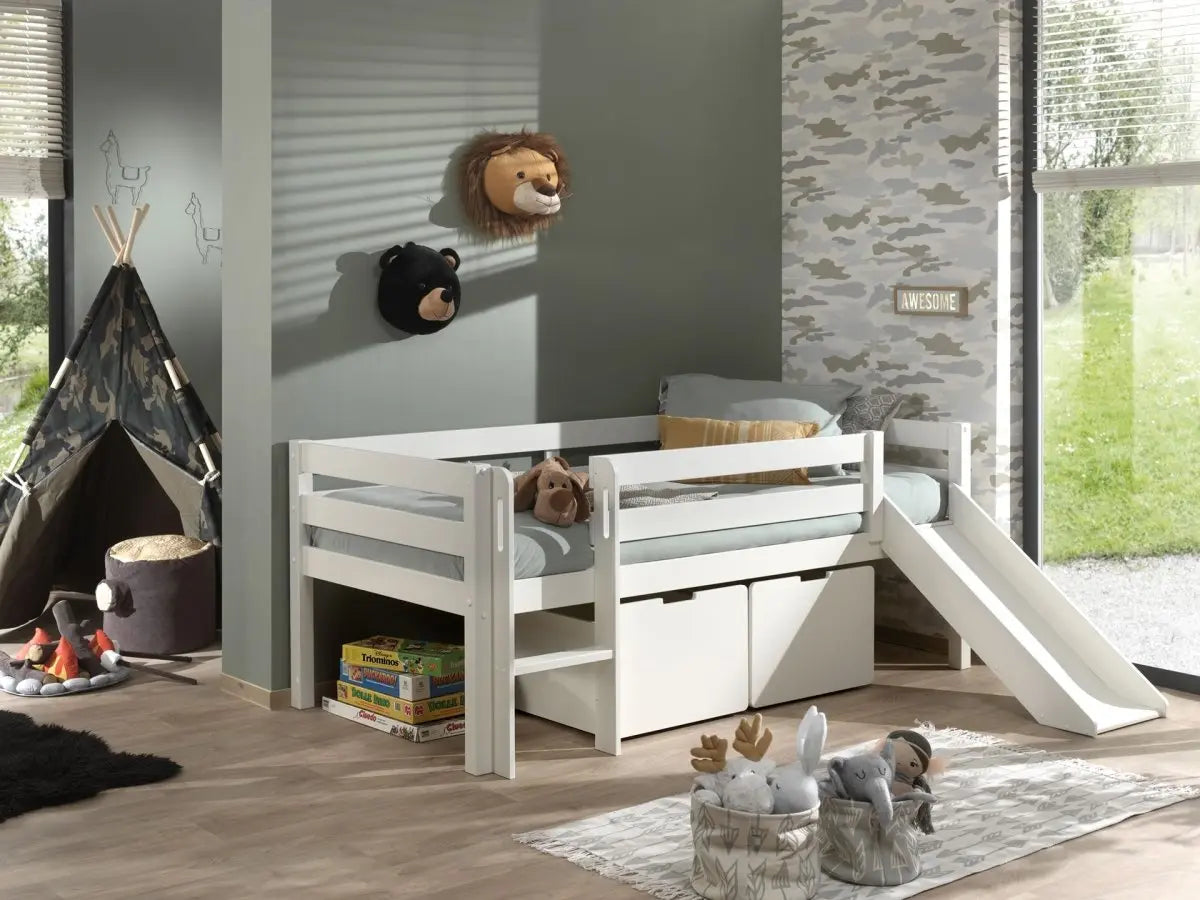 VIPACK - Lit Mi - Hauteur (H 85cm) PINO Avec Toboggan 90 x 200 cm Blanc