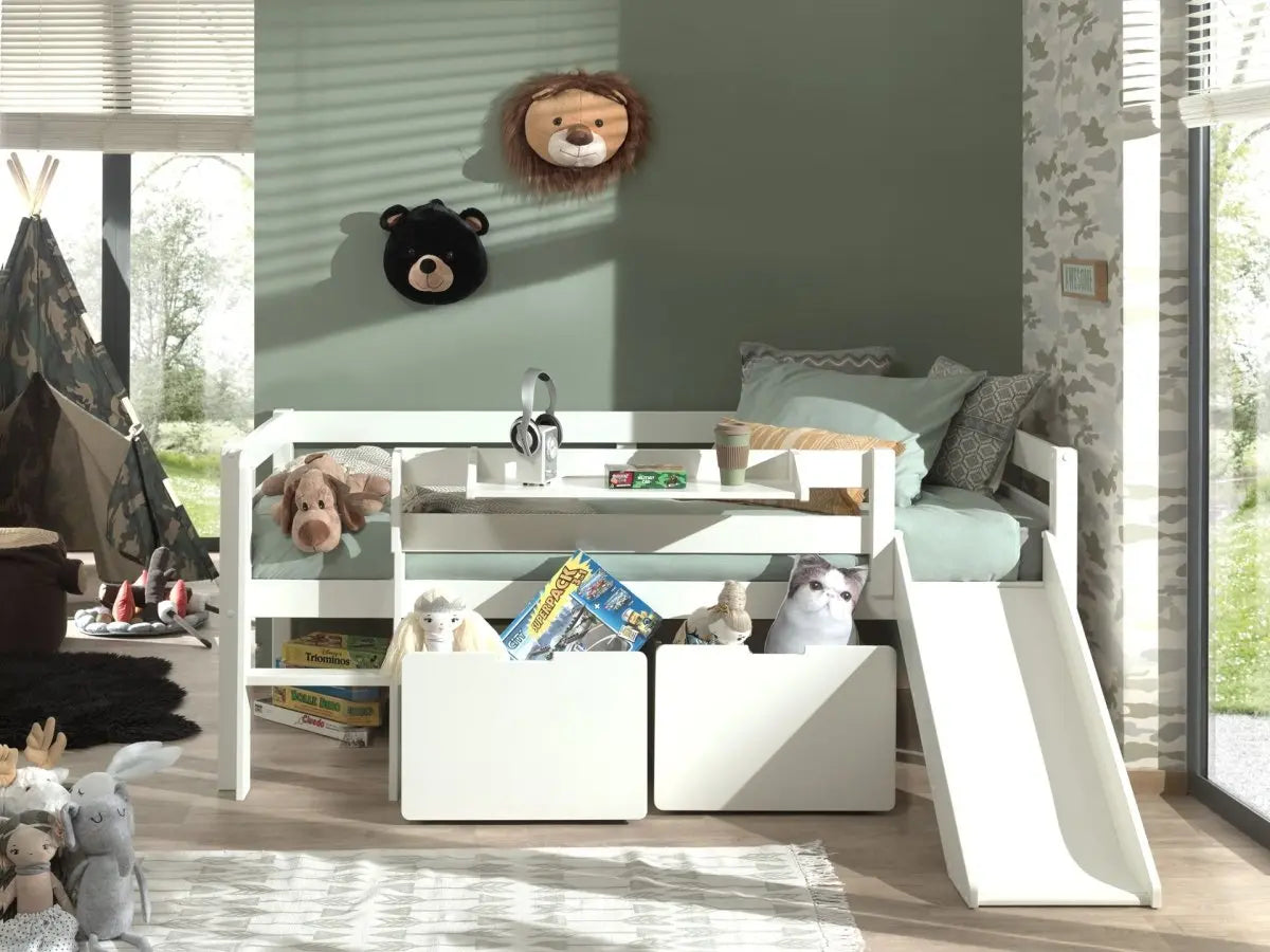 VIPACK - Lit Mi - Hauteur (H 85cm) PINO Avec Toboggan 90 x 200 cm Blanc