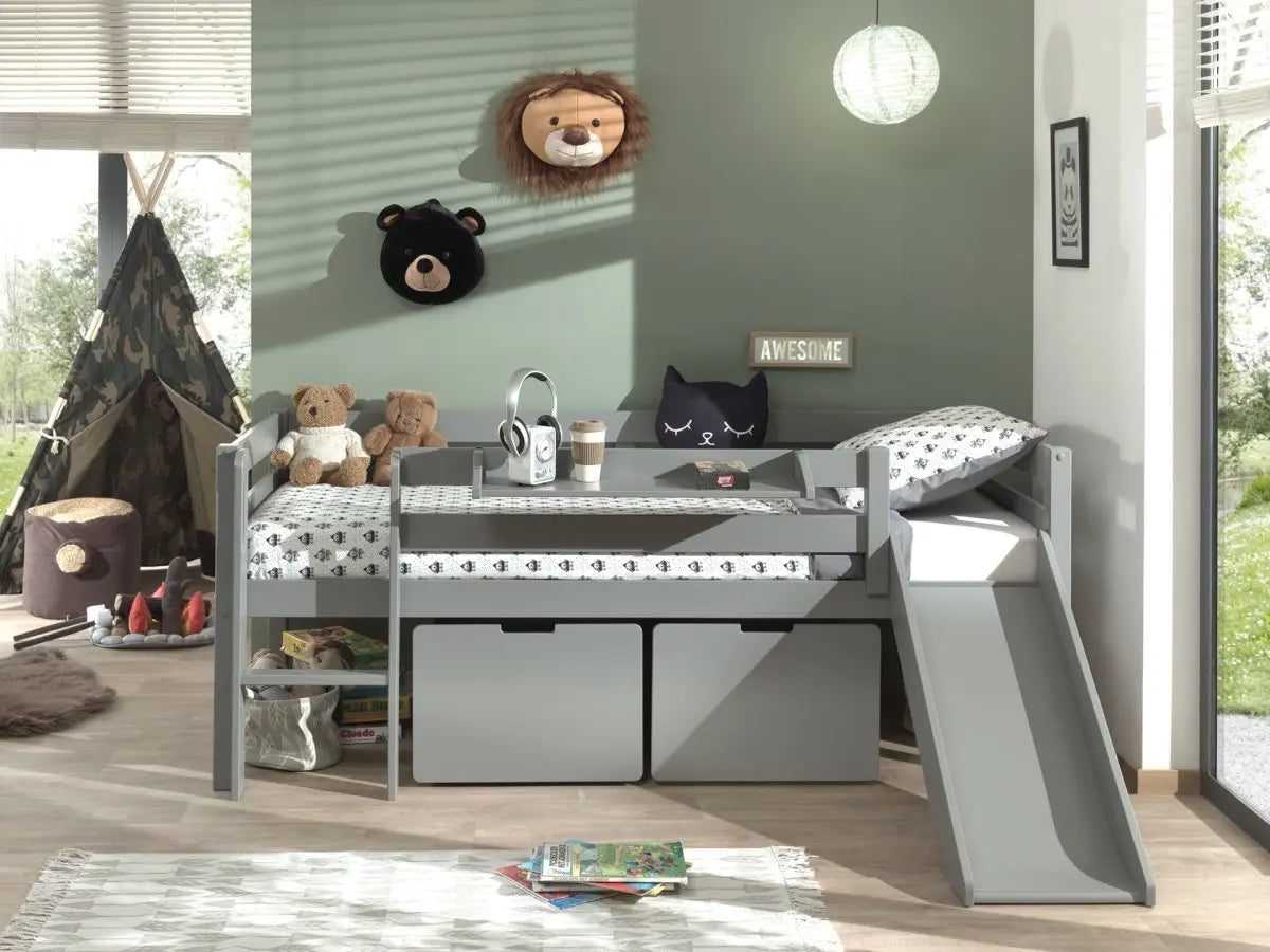 VIPACK - Lit Mi - Hauteur (H 85cm) PINO Avec Toboggan 90 x 200 cm Gris