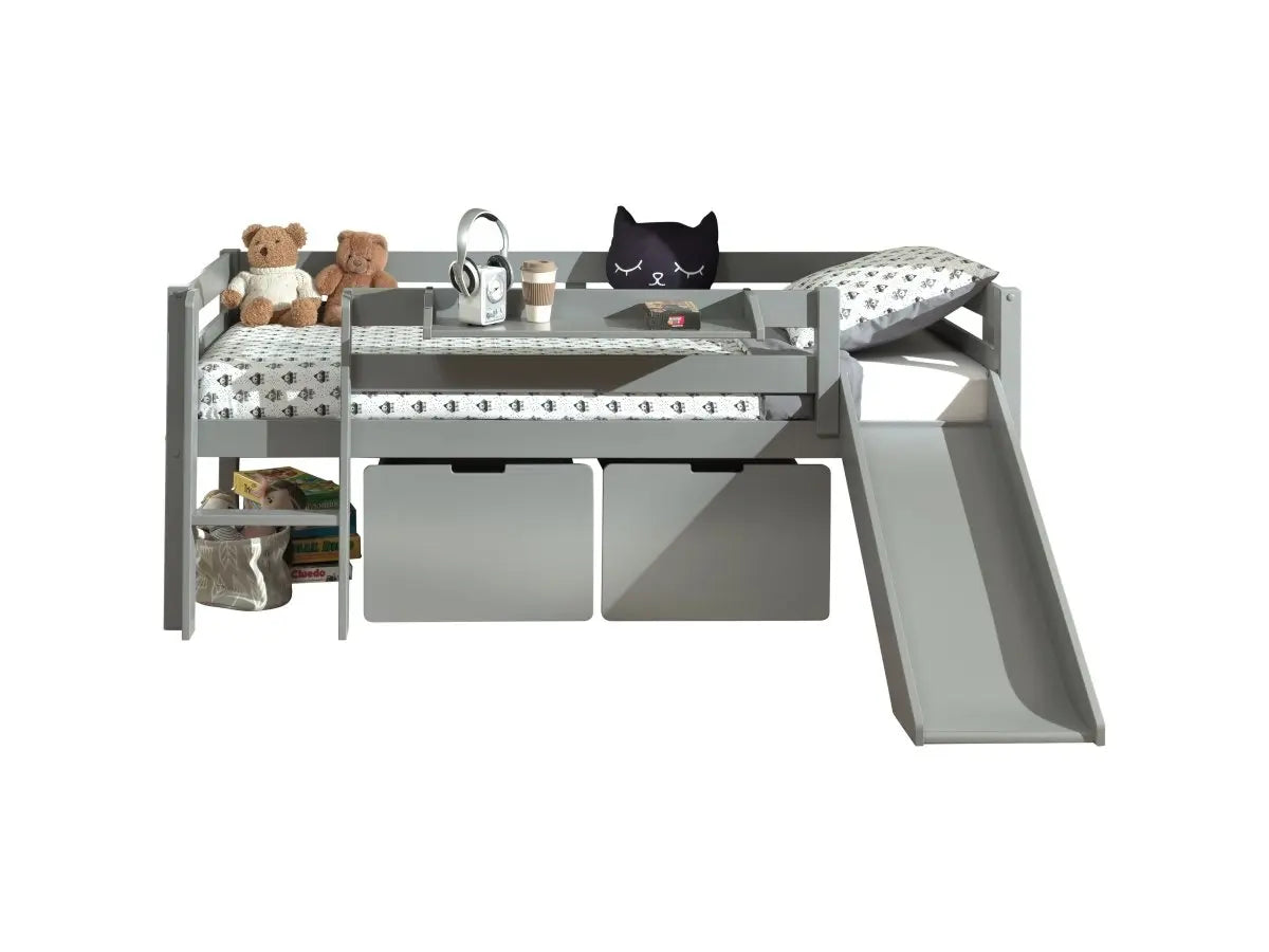 VIPACK - Lit Mi - Hauteur (H 85cm) PINO Avec Toboggan 90 x 200 cm Gris