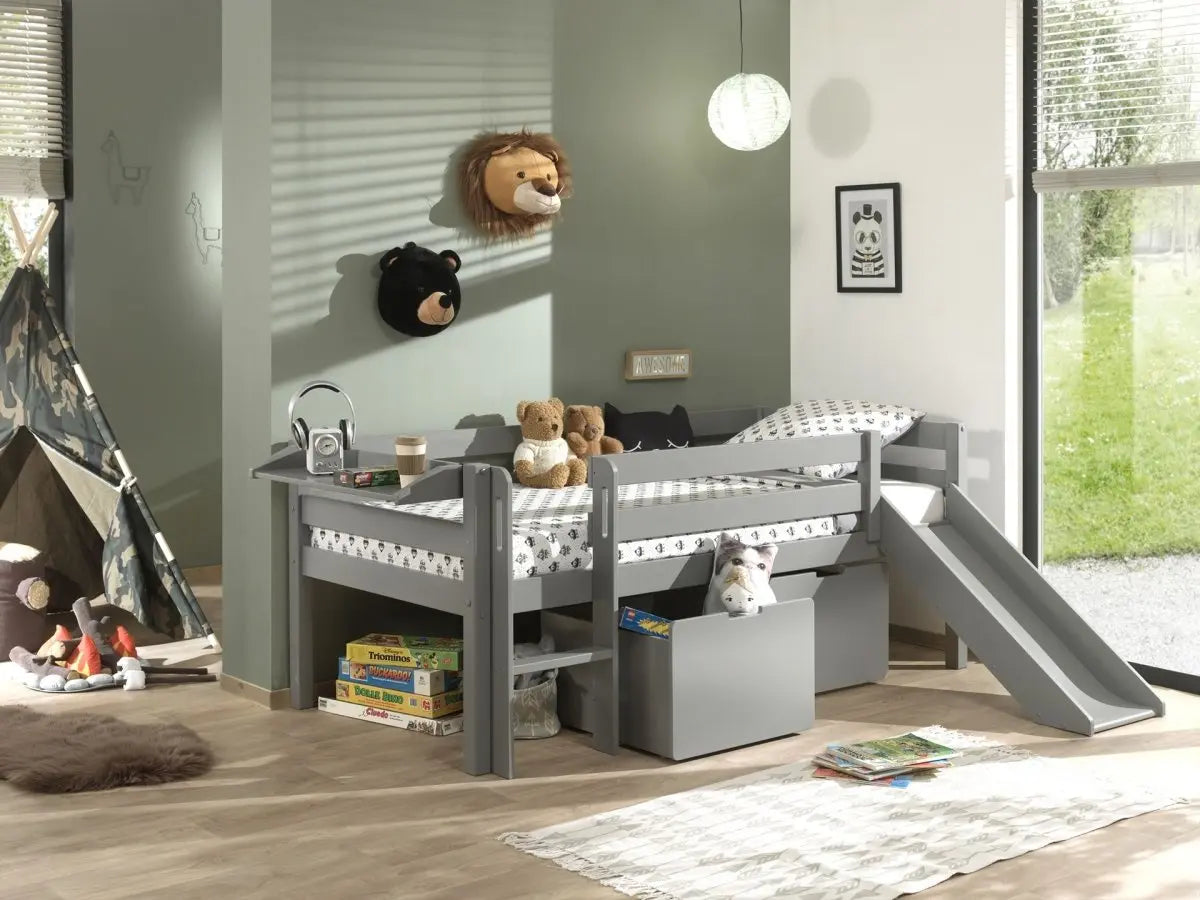 VIPACK - Lit Mi - Hauteur (H 85cm) PINO Avec Toboggan 90 x 200 cm Gris