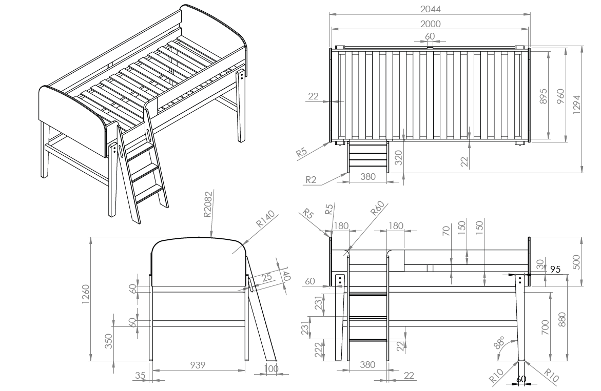 VIPACK - Lit Mi - Hauteur KIDDY 90 X 200 cm Blanc