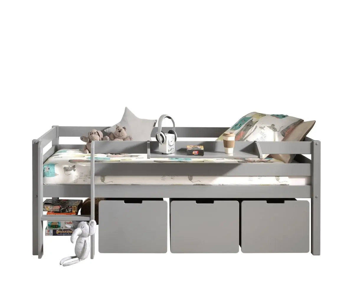 VIPACK - Lit Mi - Hauteur PINO (H 85cm) Avec Échelle 90 x 200 cm Gris