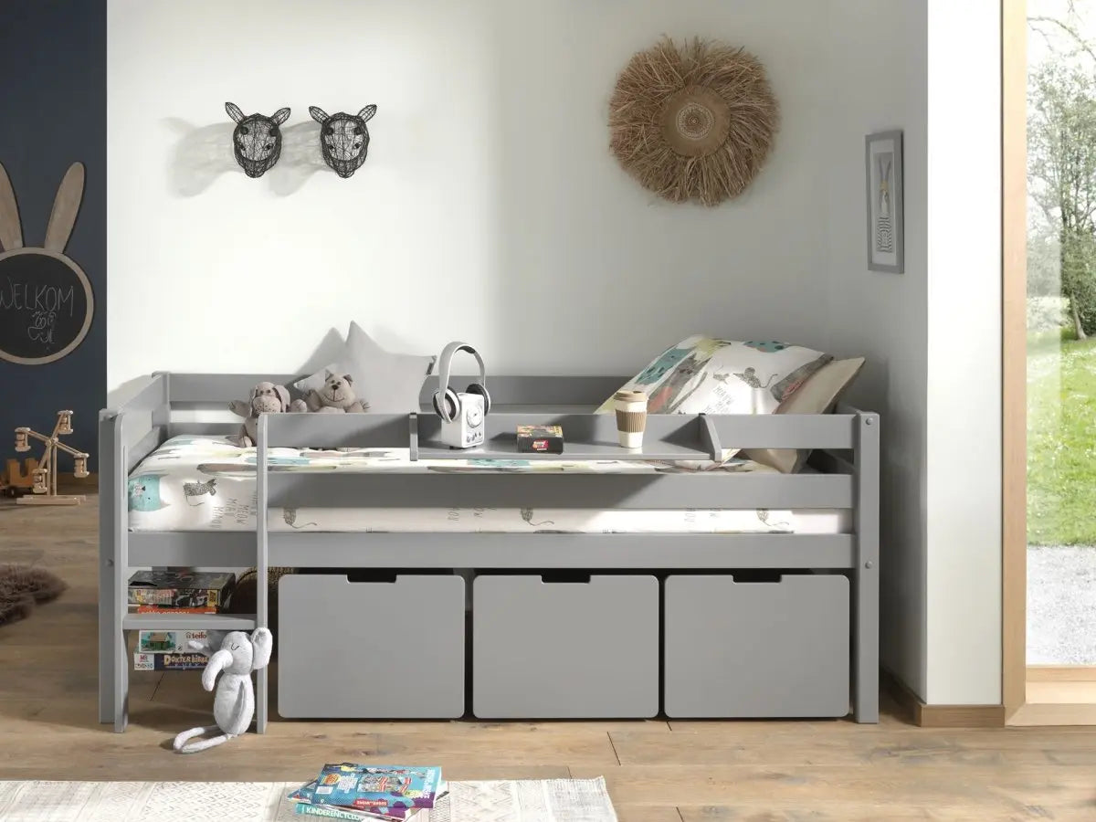 VIPACK - Lit Mi - Hauteur PINO (H 85cm) Avec Échelle 90 x 200 cm Gris