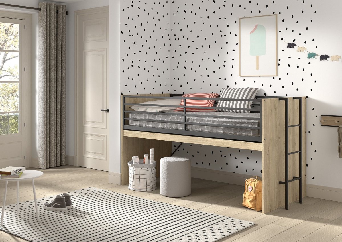 VIPACK - Lit Mi - Hauteur SAM (85) 90 X 200 cm Chêne