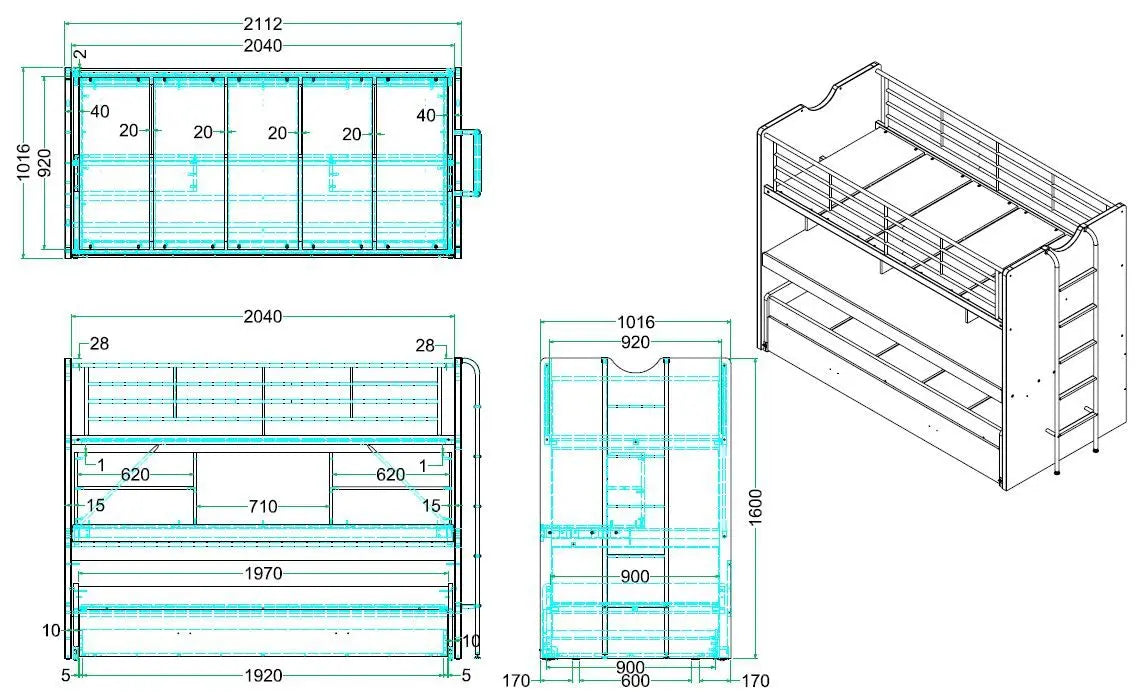 VIPACK - Lit Superposé BONNY 90 X 200 Cm Bleu