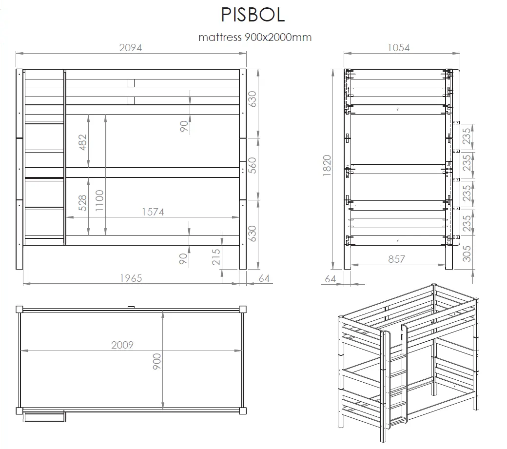 VIPACK - Lit Superposé (H 180cm) PINO 90 X 200 cm Gris
