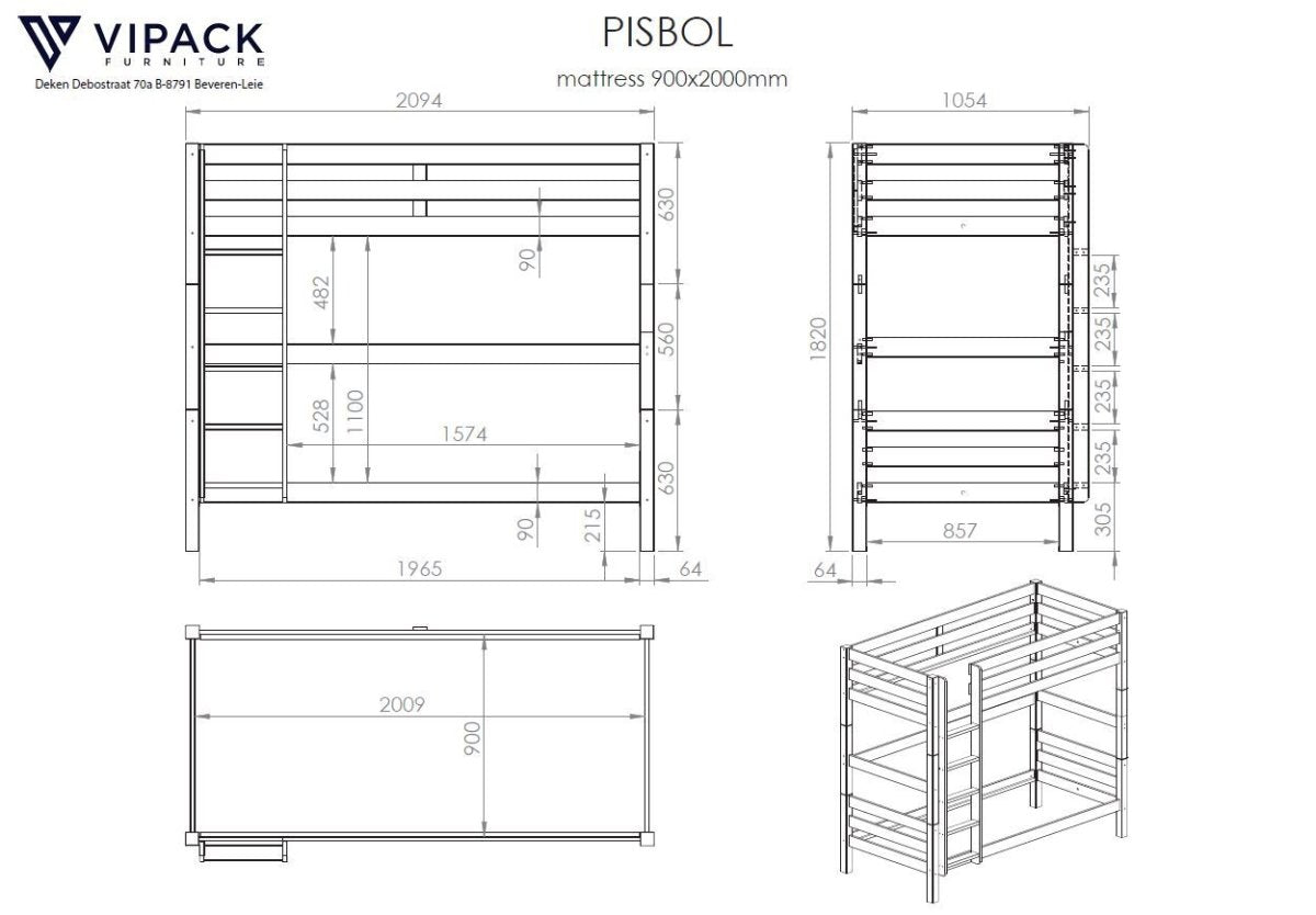 VIPACK - Lit Superposé (H 180cm) PINO 90 X 200 cm Gris