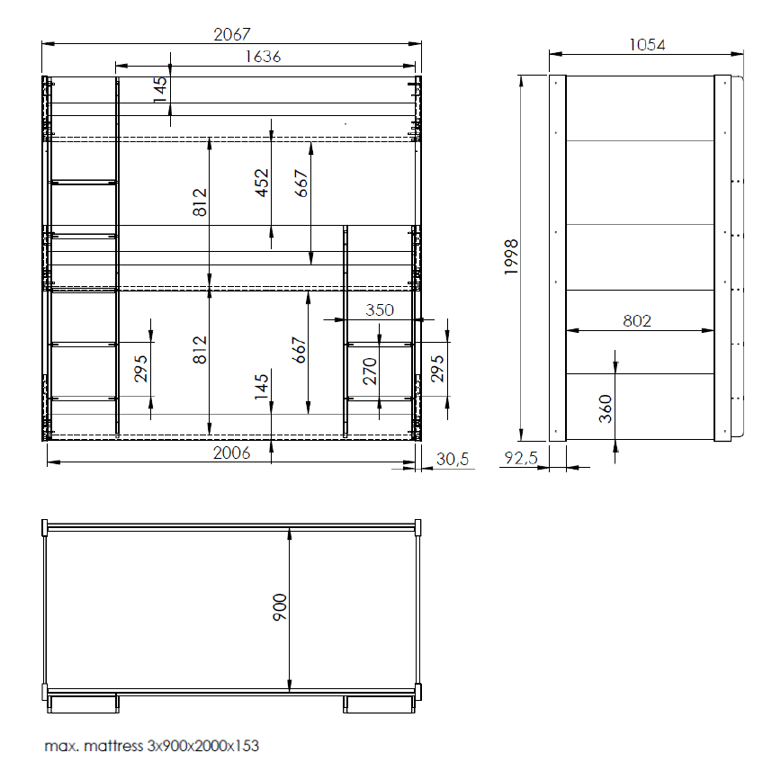 VIPACK - Lit Superposé Triple SCOTT 90x200cm Blanc - Les Petits