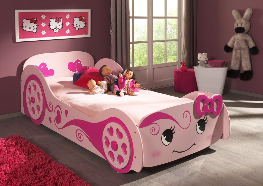 VIPACK - Lit Voiture LOVE LIT 90x200cm Rose Avec Matelas Assorti