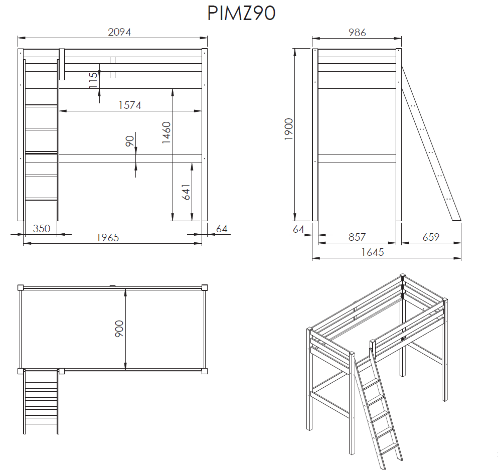 VIPACK - PINO Lit Mezzanine 90 X 200 cm Gris