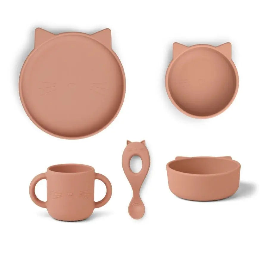 LIEWOOD - Set Repas Bébé en Silicone Vivi - Chat Rose Foncé