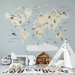 MUNKS & ME - Papier Peint Carte Du Monde À Personnages - Bleu