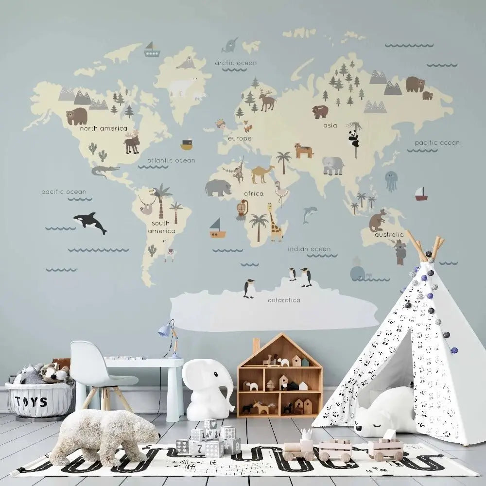 MUNKS & ME - Papier Peint Carte Du Monde À Personnages - Bleu