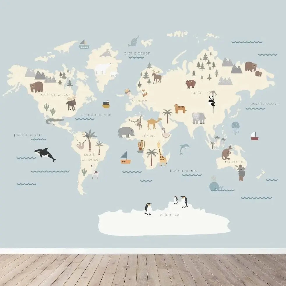 MUNKS & ME - Papier Peint Carte Du Monde À Personnages - Bleu