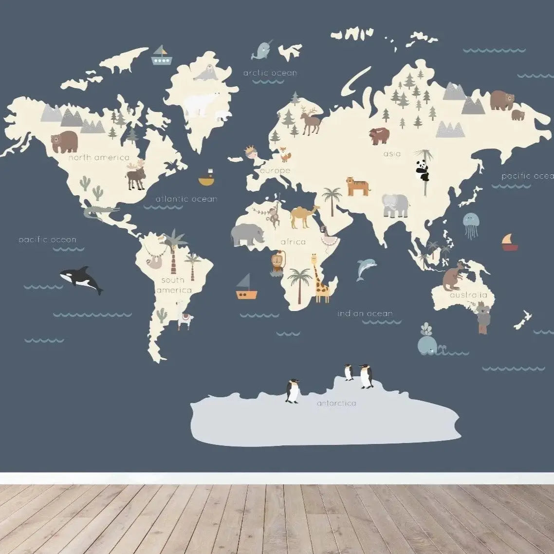 MUNKS & ME - Papier Peint Carte Du Monde À Personnages - Bleu marine