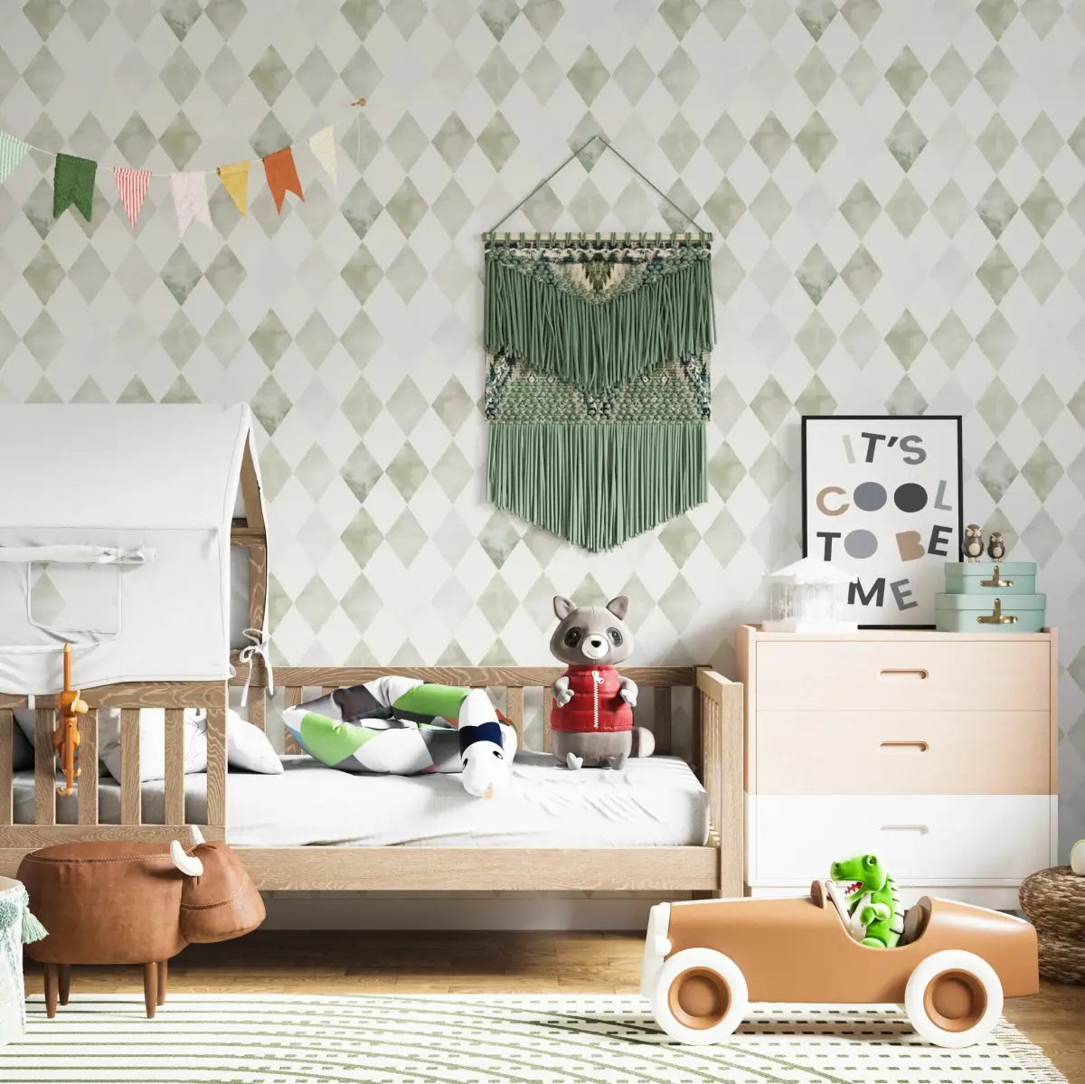 MUNKS & ME - Papier Peint Chambre Enfant à Motif Répété - Aquarelle Harlequin | Vert